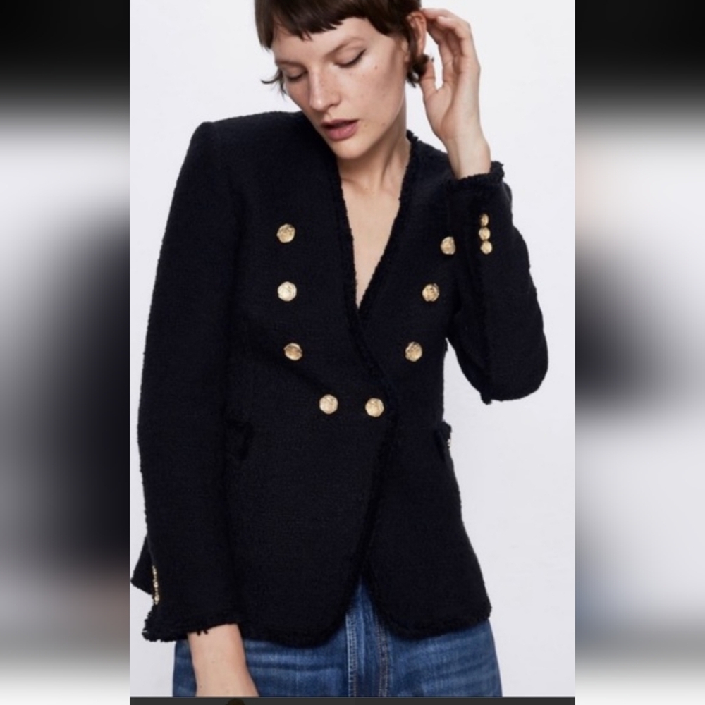 Zara Black Tweed Double Breasted Blazer With Gold Buttons.